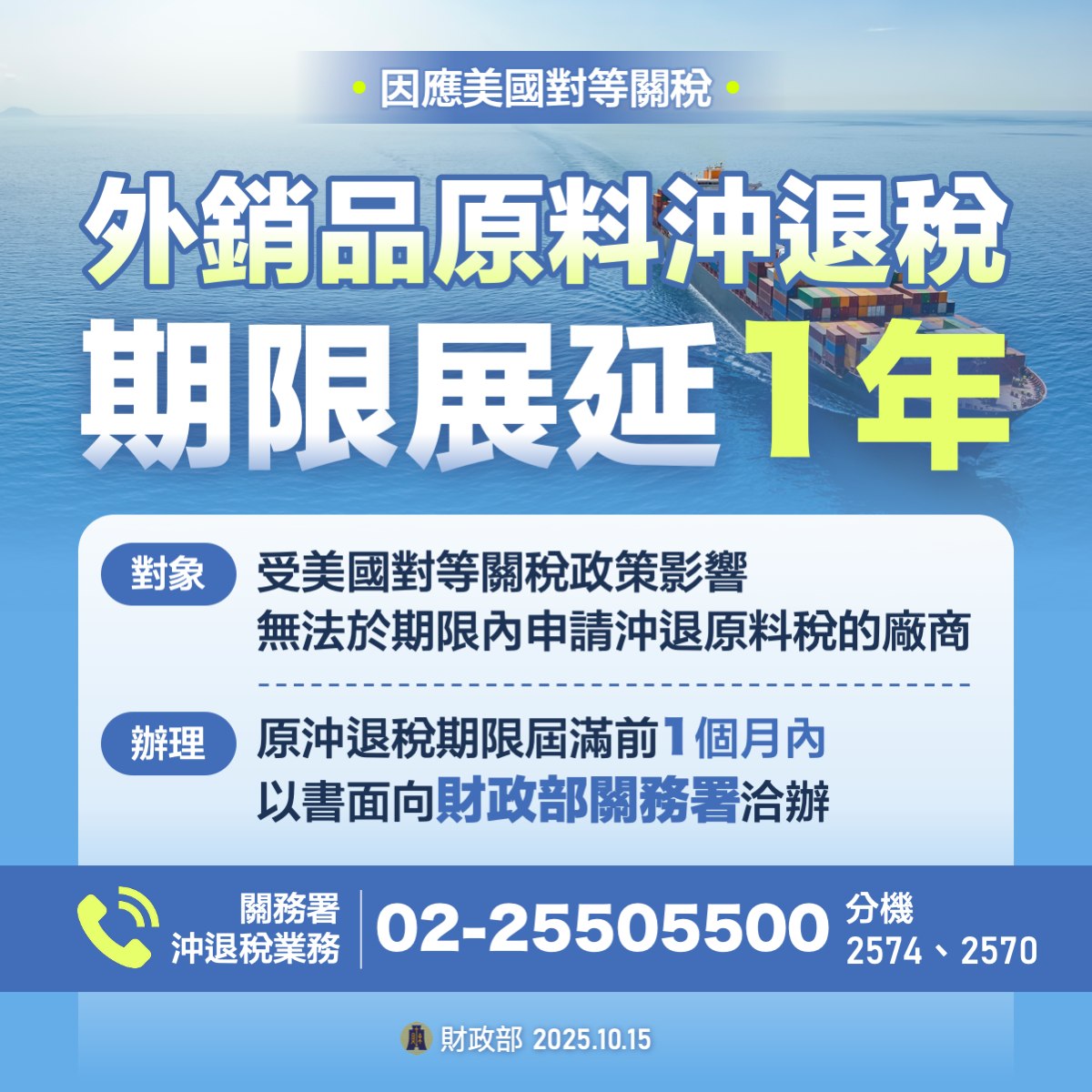 美國實施對等關稅政策影響,外銷品原料沖退稅期限展延1年